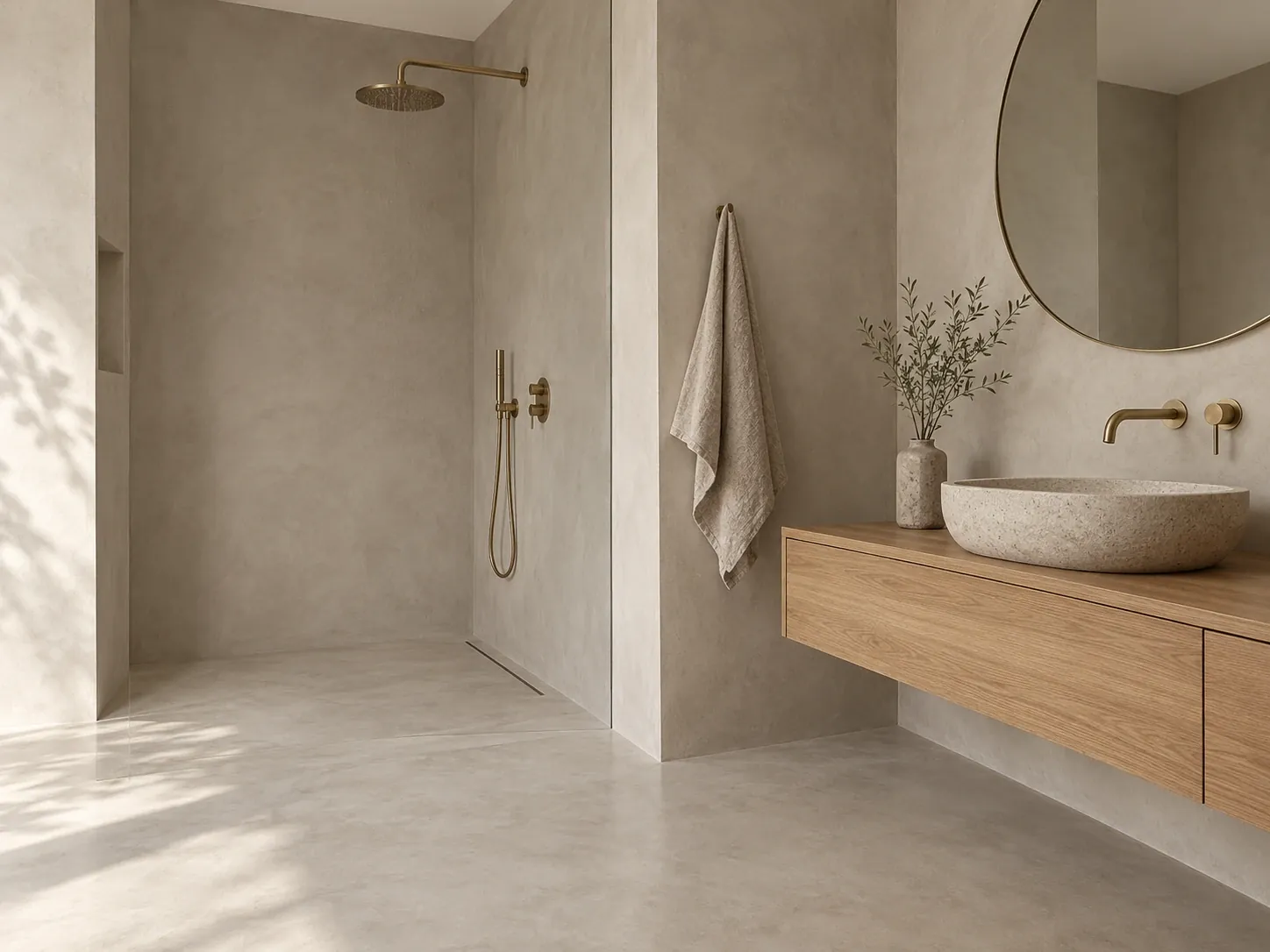 Beiges Bad aus Mikrozement mit bodengleicher Dusche, Messingarmaturen und Eichen-Waschtisch