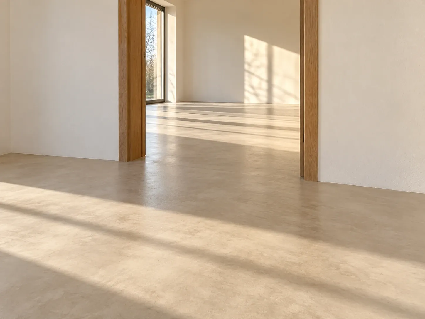 Beiger Mikrozementboden im Sonnenlicht, schwellenlos zwischen den Räumen, Türzargen aus Eiche